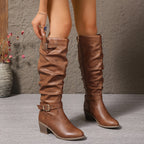 Women's Soft Slouch Block Heel Boots with Buckle Accents