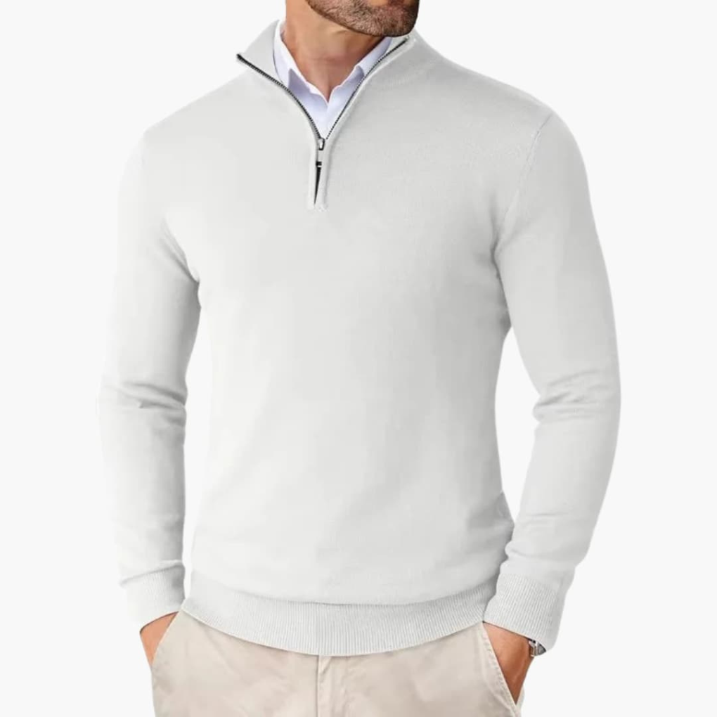 Men's Smooth Knit Quarter-Zip Jumper with Clean Lines – White