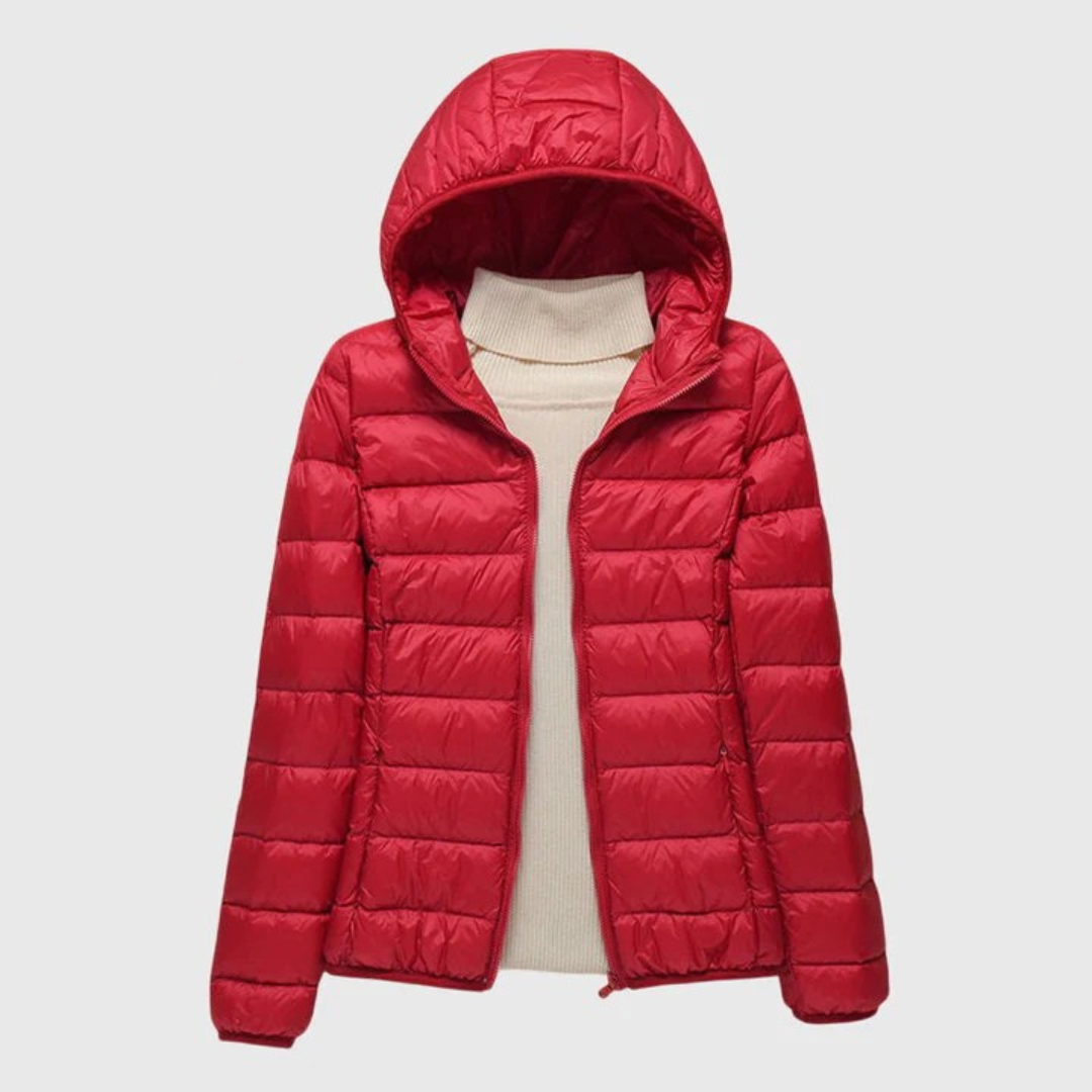 Women's Lightweight Quilted Jacket with Hood or Stand Collar – Red Hood
