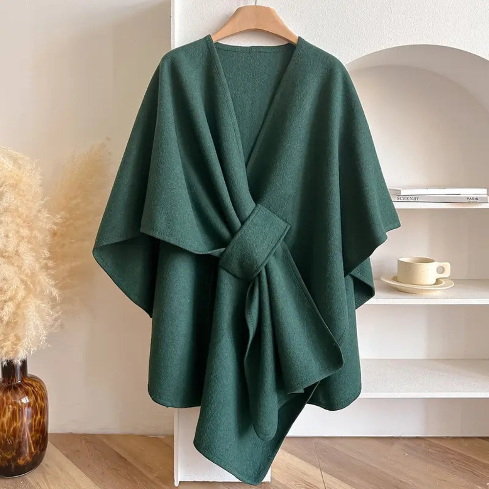 Women's Windproof Poncho Coat Draped Sides Belted Waist – Dark Green