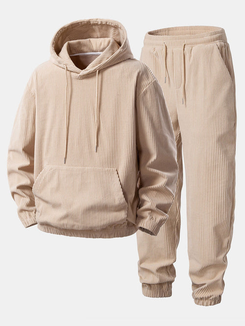 Men's Corduroy Hooded Tracksuit with Tapered Jogger Cuffs – Beige