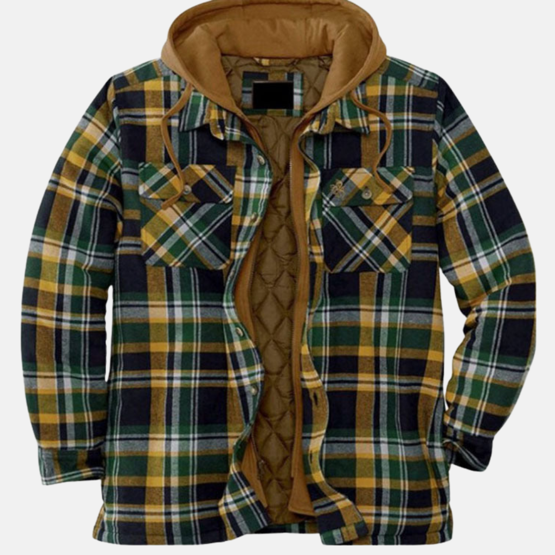 Men's Padded Printed Overshirt Jacket with Drawstring Hood – Green
