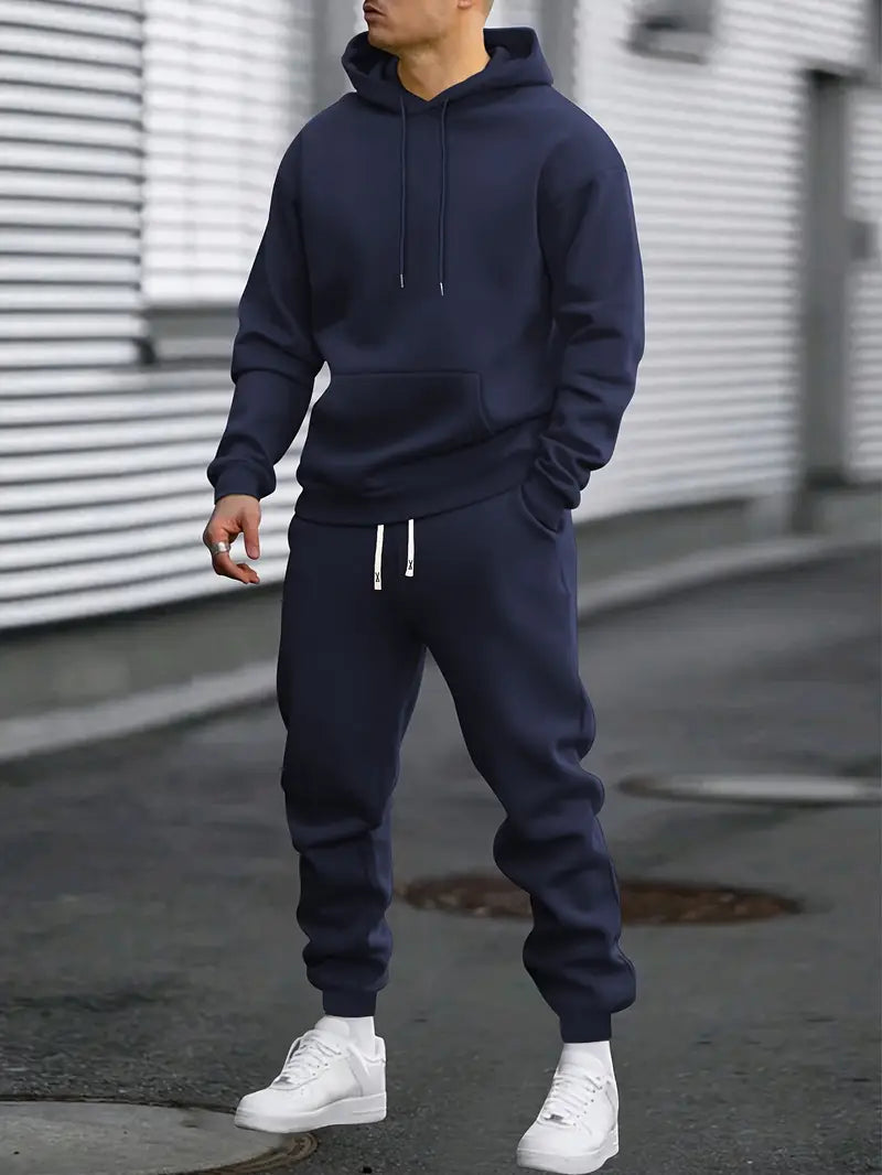 Men's Two-Piece Tracksuit with Hoodie and Tapered Joggers – Navy Blue