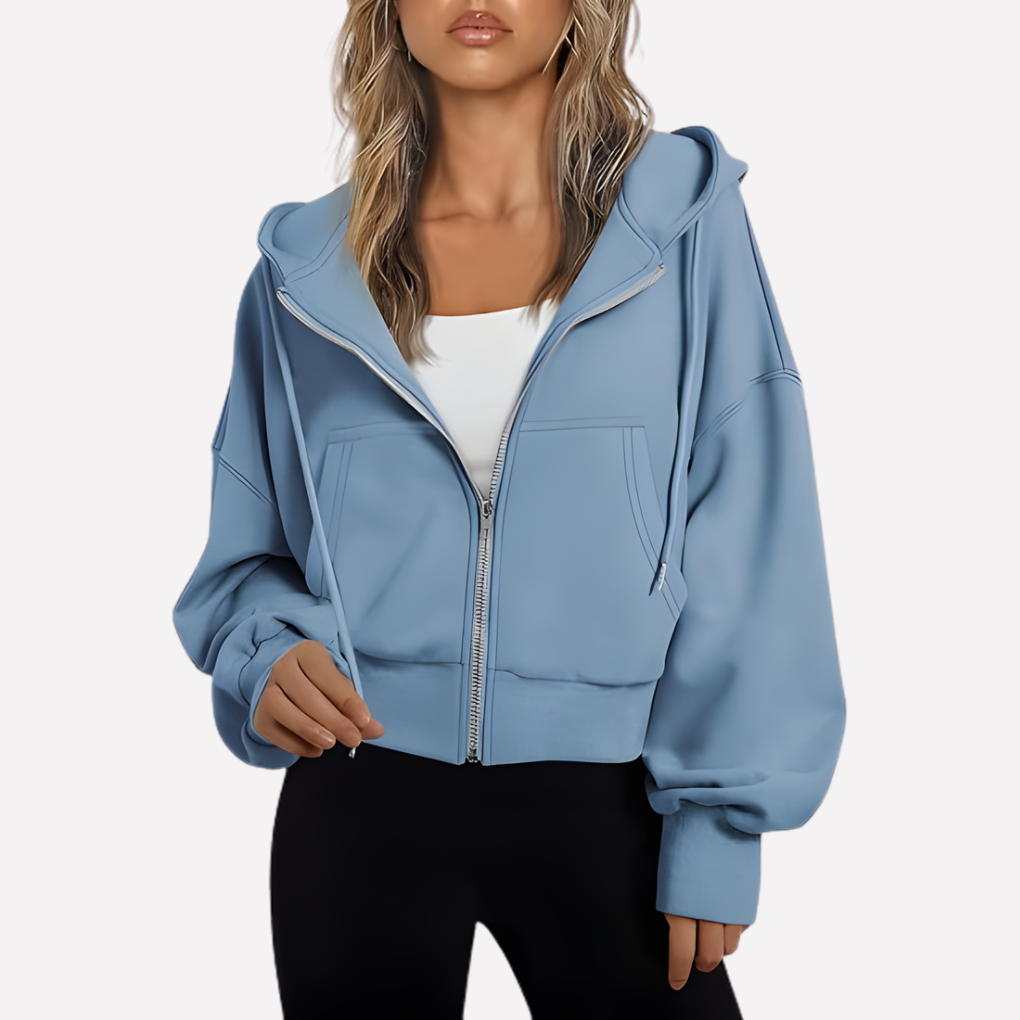 Women's Cropped Zip Hoodie Drawstring Hood Printed Accents – Light Blue