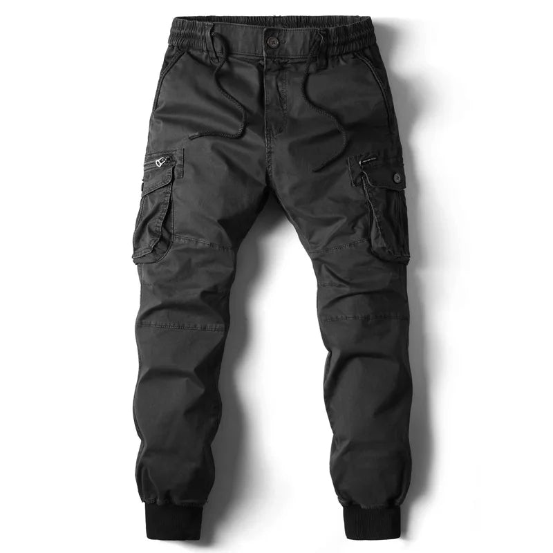 Men's Ribbed-Cuff Cargo Joggers with Layered Pocket Detailing – Black