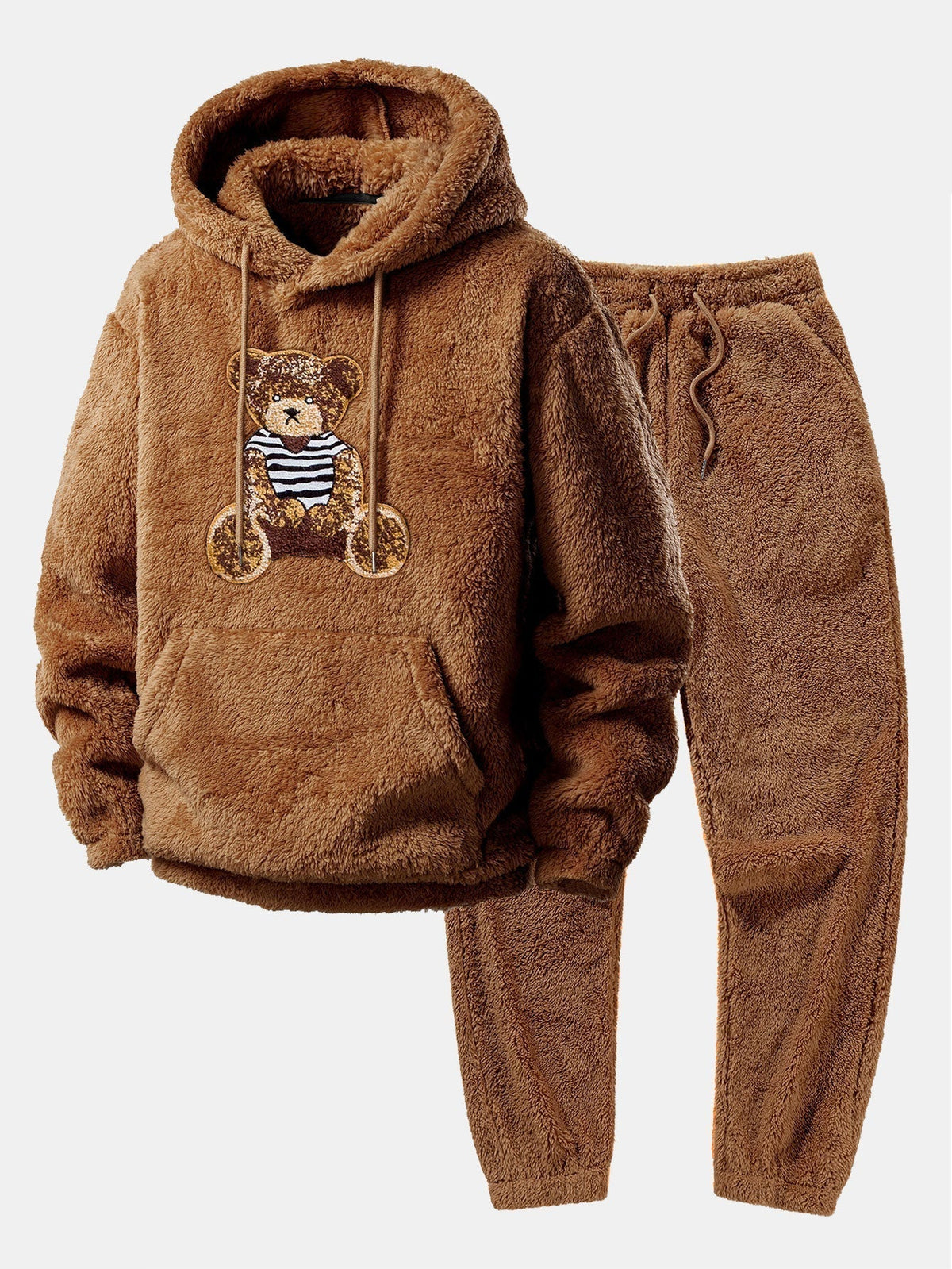 Men's Plush Fleece Hooded Tracksuit with Pouch Pocket – Brown
