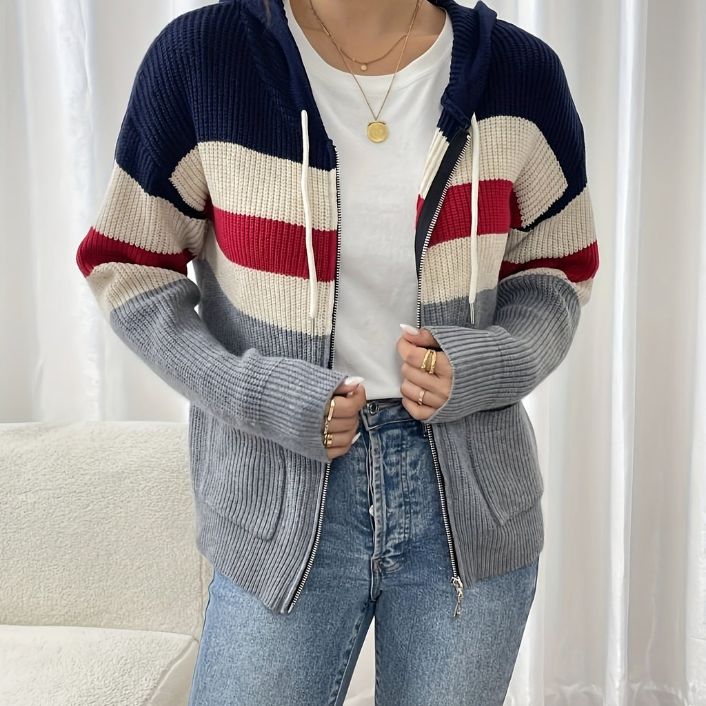 Women's Ribbed Knit Zip-Through Hooded Cardigan - Polychrome