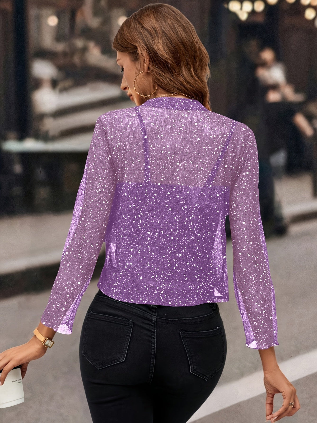 Women's Sparkle Open-Front Cropped Jacket with Three-Quarter Sleeves
