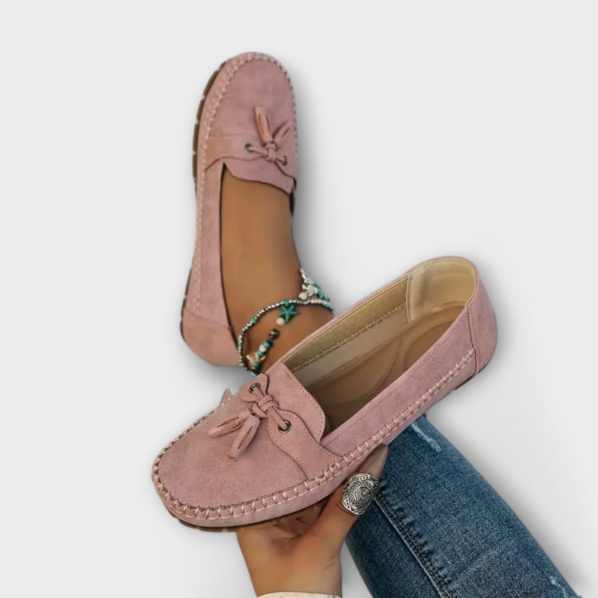 Women's Hand-Stitched Moccasin Loafers with Tassel Trim – Pink