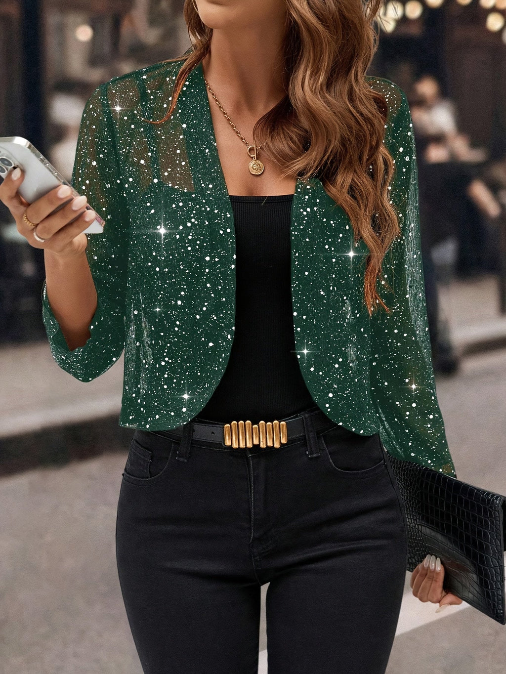 Women's Sparkle Open-Front Cropped Jacket with Three-Quarter Sleeves