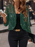 Women's Sparkle Open-Front Cropped Jacket with Three-Quarter Sleeves