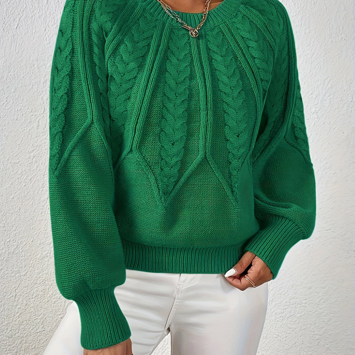 Women's Statement Sleeve Wool Blend Cable-Knit Jumper – Green
