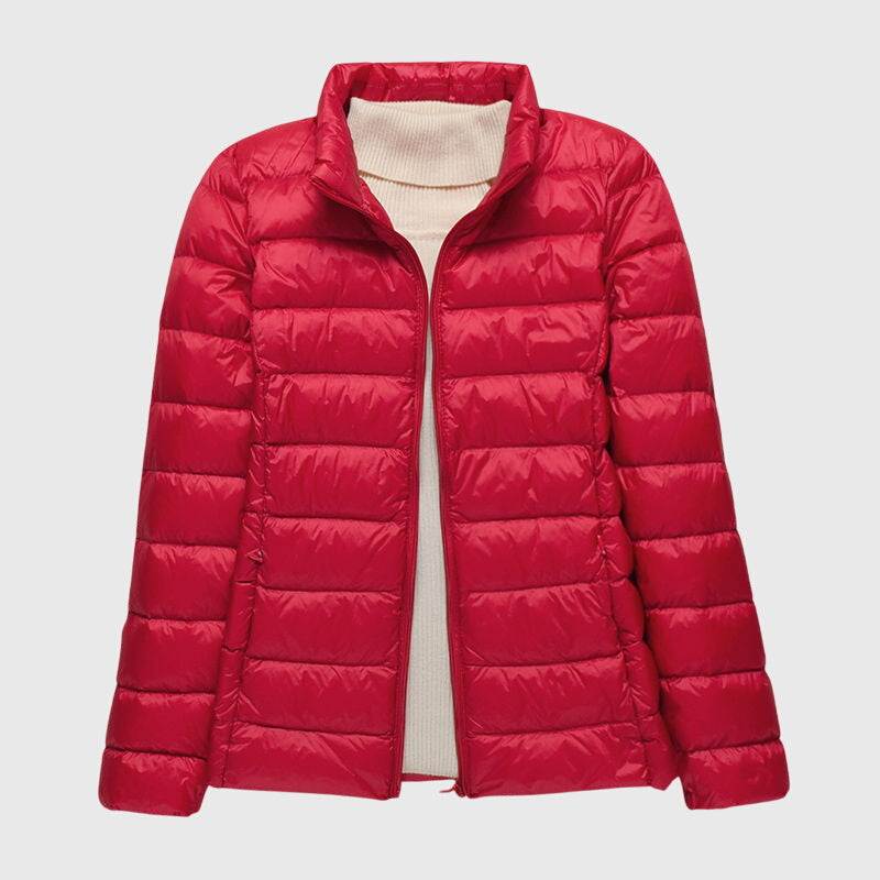 Women's Lightweight Quilted Jacket with Hood or Stand Collar – Red Stand Collar
