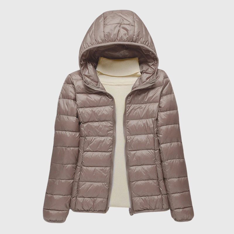 Women's Lightweight Quilted Jacket with Hood or Stand Collar – Khaki Hood