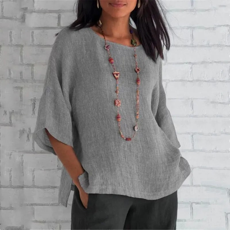 Women's Linen V-Neck Tunic Top with 3/4 Sleeves and Relaxed Fit – Grey