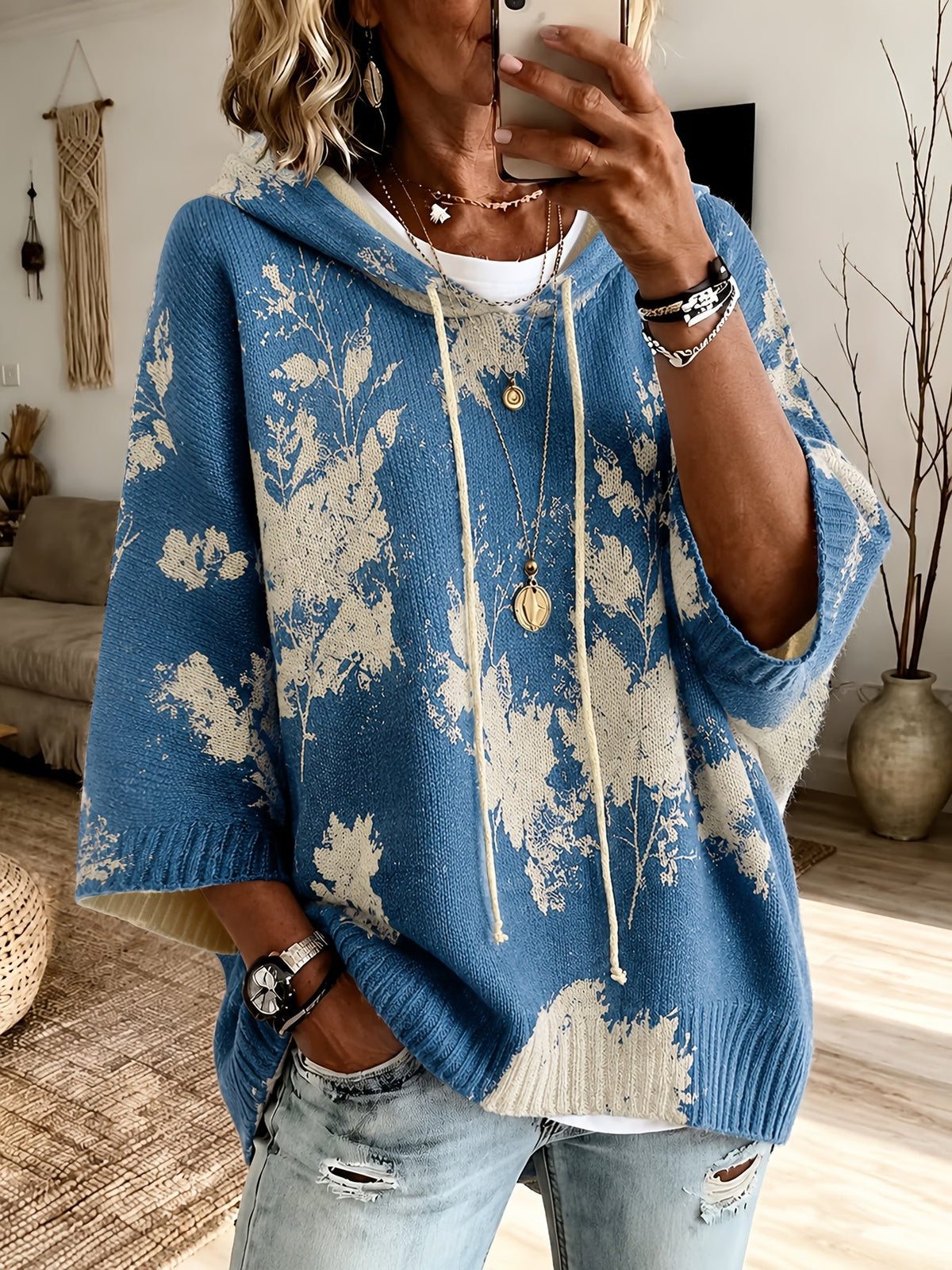 Women's Relaxed Floral Knit Hooded Poncho Jumper
