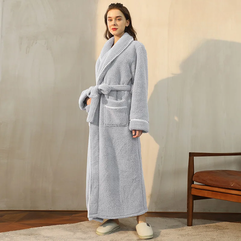 Women's Long Flannel Dressing Gown with Shawl Collar – Light Grey