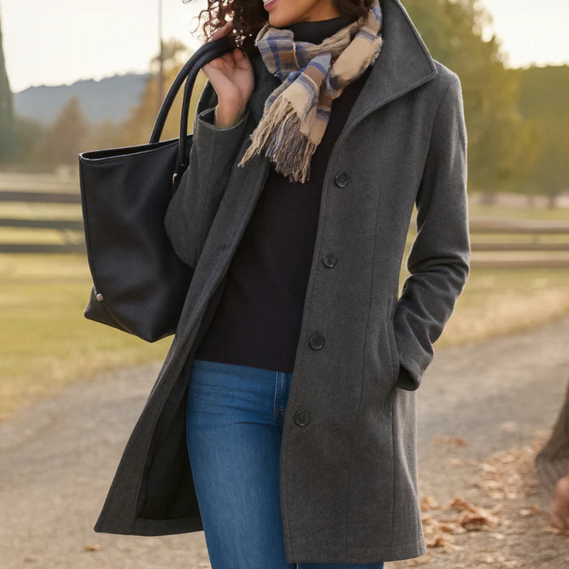 Women's Straight Cut Buttoned Coat Warm Everyday Staple – Grey