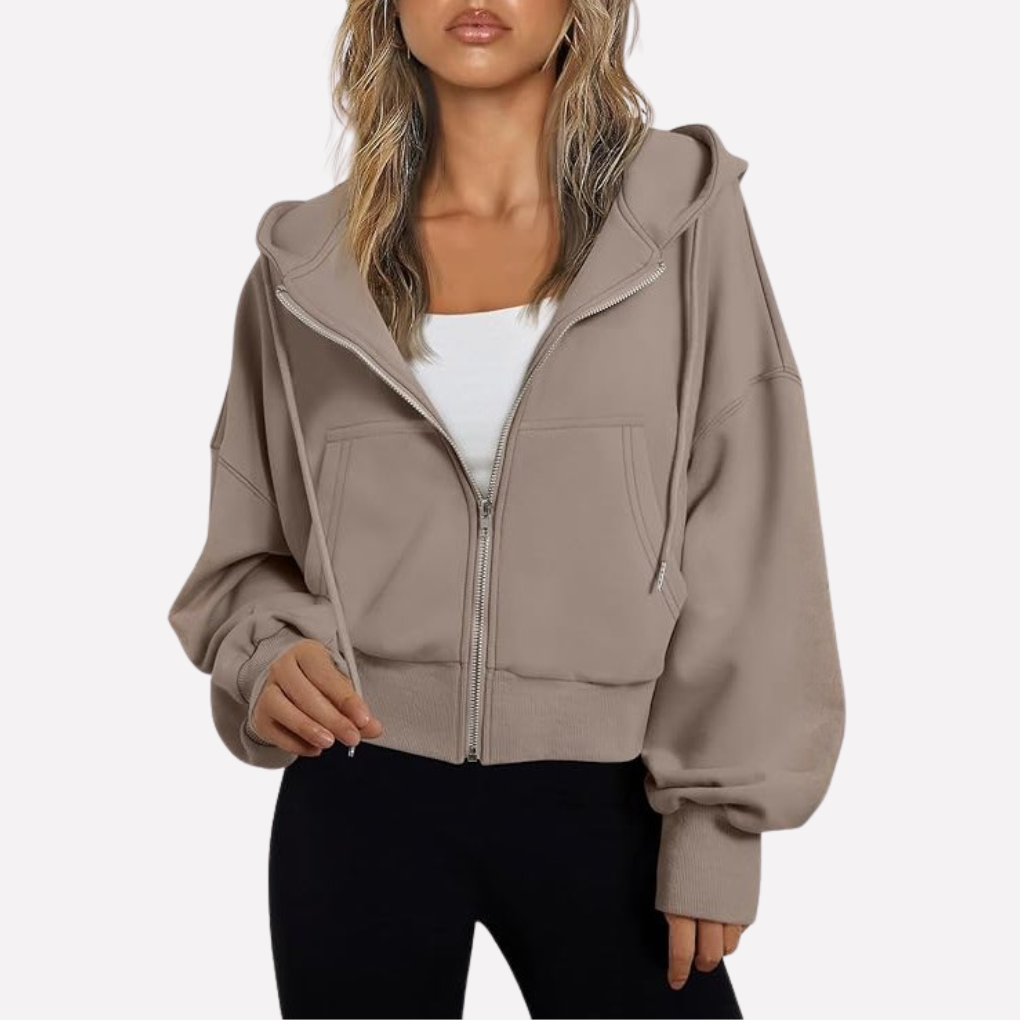 Women's Cropped Zip Hoodie Drawstring Hood Printed Accents – Taupe