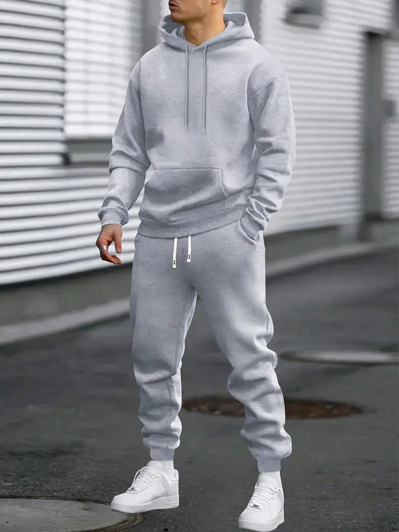 Men's Two-Piece Tracksuit with Hoodie and Tapered Joggers – Light Grey