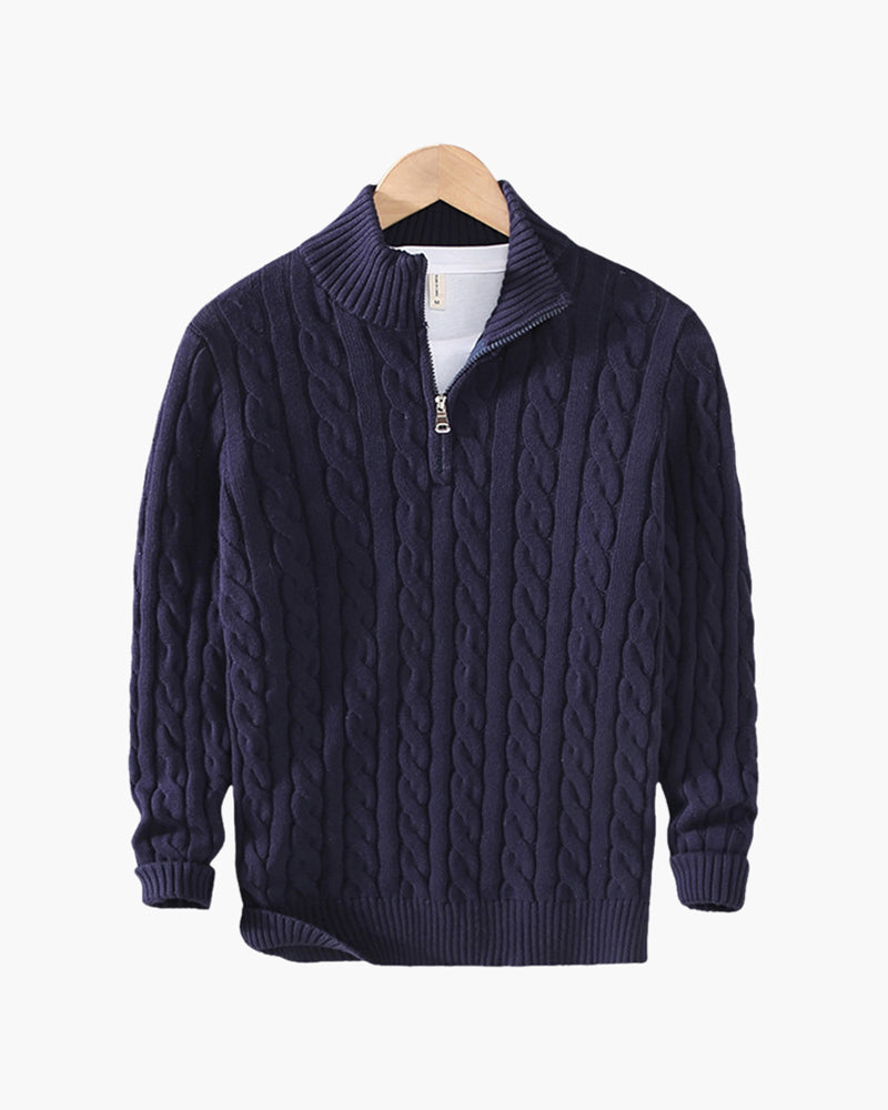 Men's Cable-Knit Half-Zip Jumper with Ribbed Trims – Navy Blue