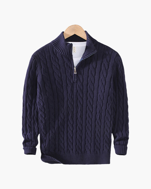 Men's Cable-Knit Half-Zip Jumper with Ribbed Trims – Navy Blue