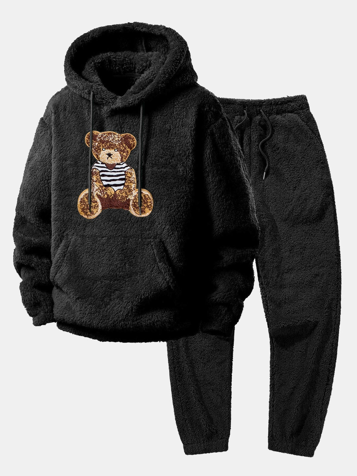 Men's Plush Fleece Hooded Tracksuit with Pouch Pocket – Black