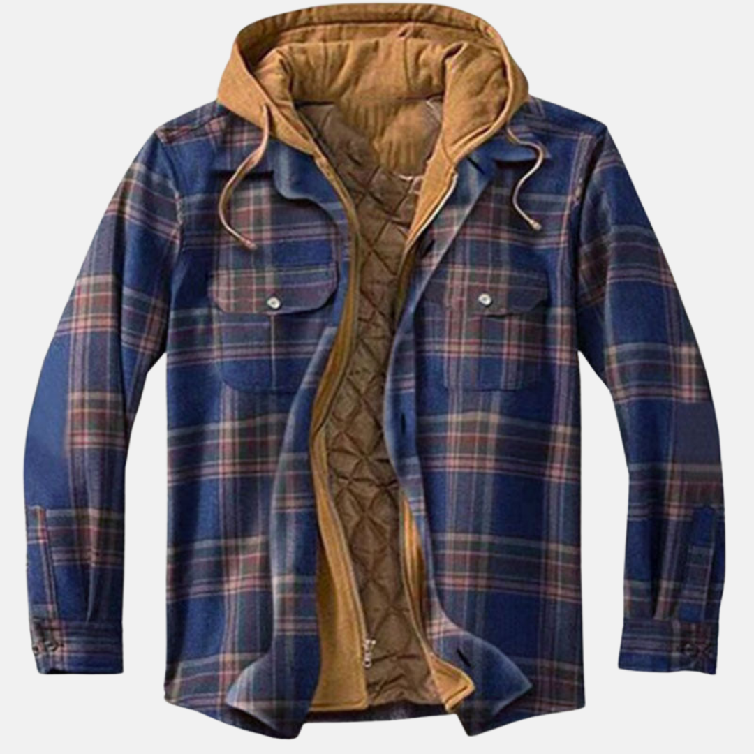 Men's Padded Printed Overshirt Jacket with Drawstring Hood – Dark Blue