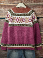 Women's Relaxed Knit Cardigan with Patterned Yoke