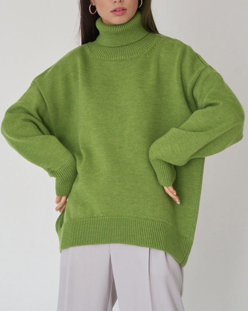 Women's Dropped-Shoulder Roll-Neck Jumper Minimalist Oversized Knit – Olive Green
