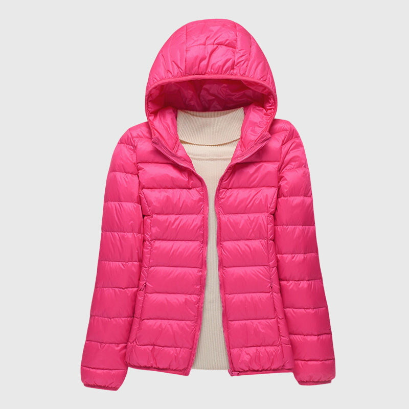Women's Lightweight Quilted Jacket with Hood or Stand Collar – Pink Hood