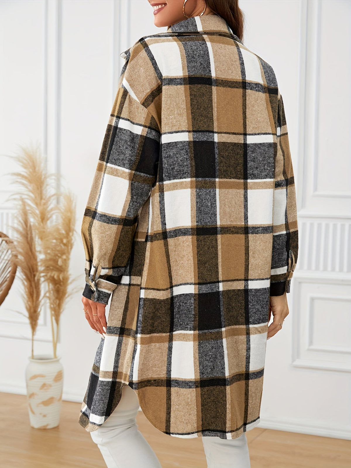 Women's Country Check Long Coat with Chest Pockets