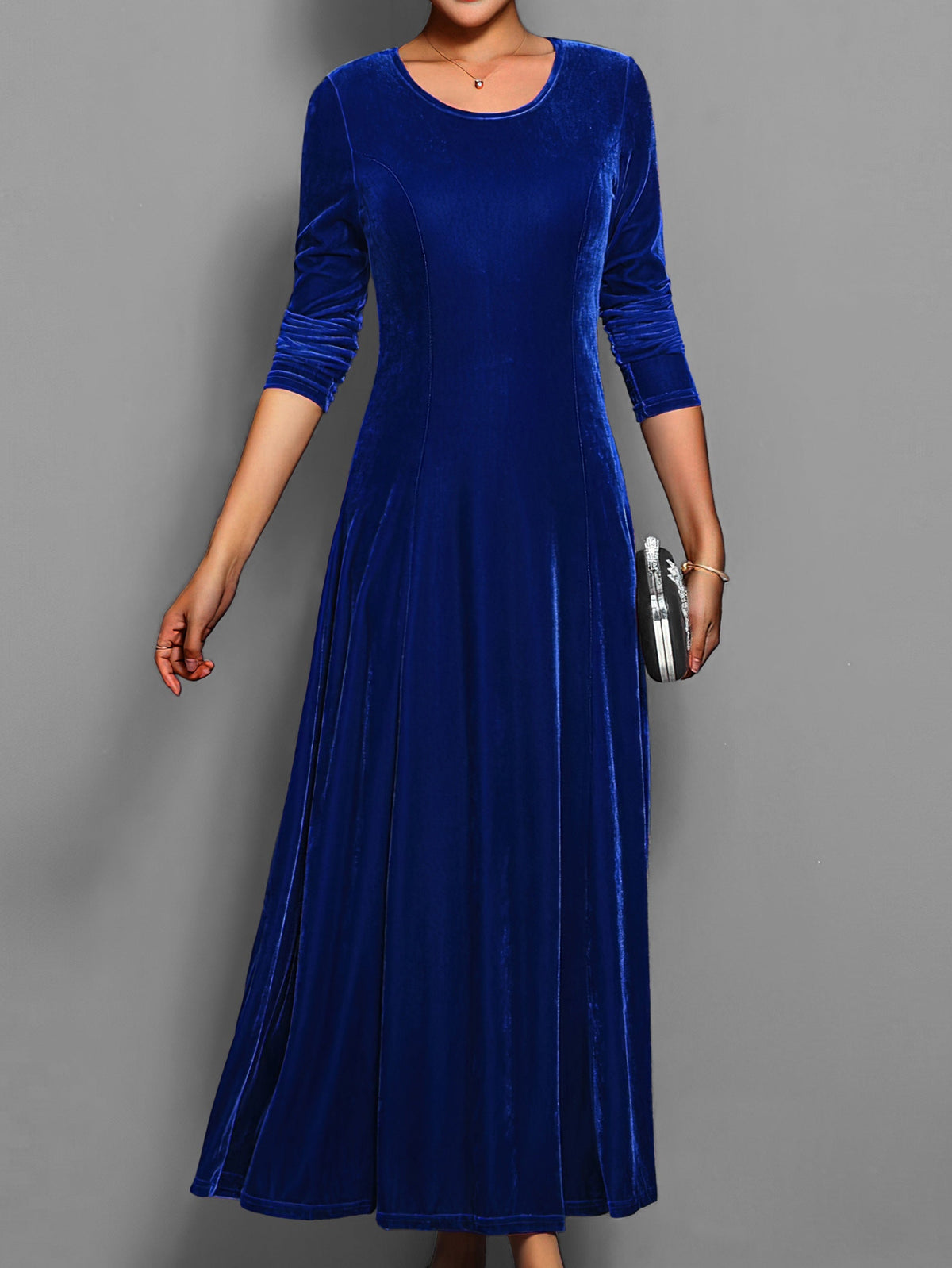 Women's Long-Sleeved Velvet Maxi Dress with Fitted Bodice – Dark Blue