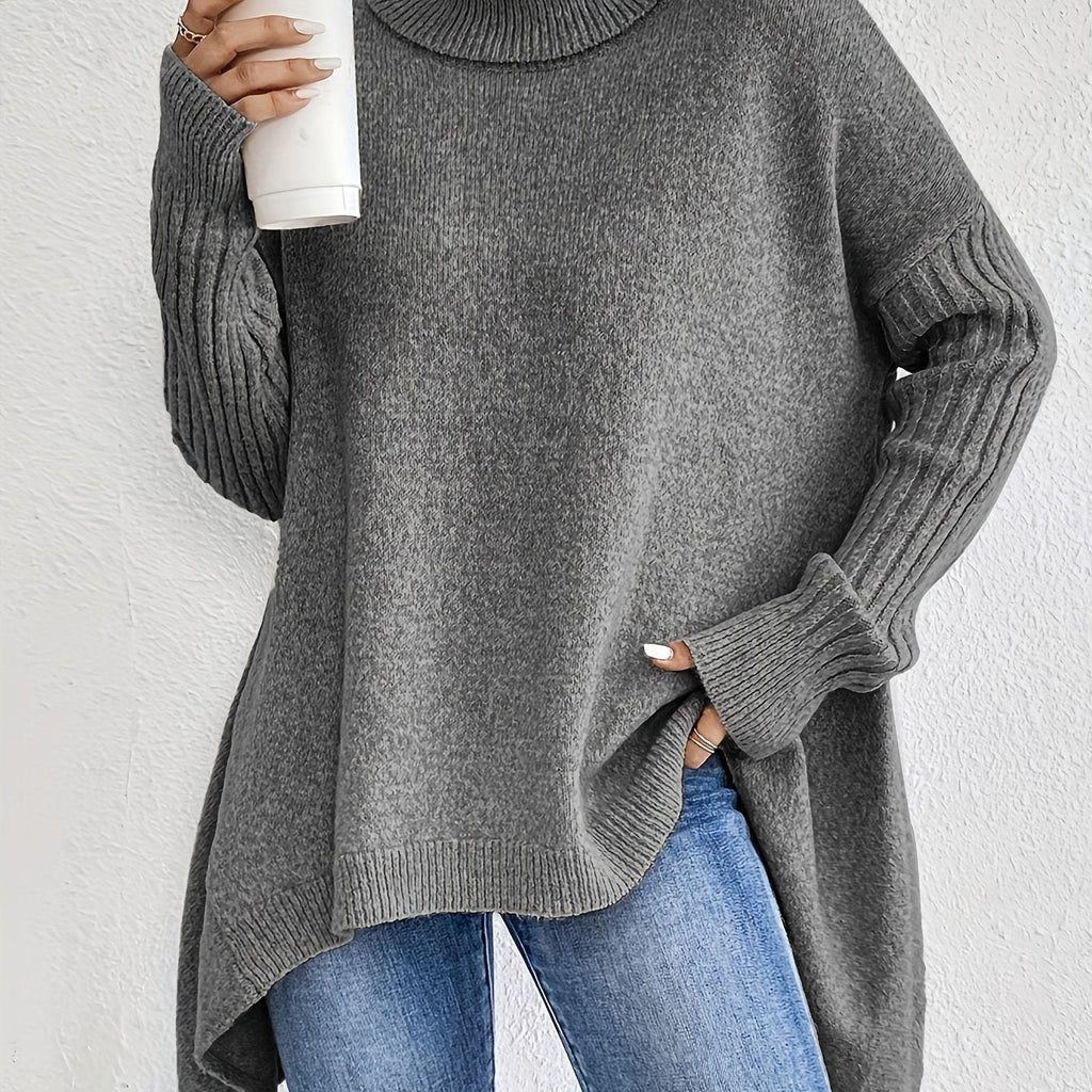 Women's Longer Length High Neck Soft Jumper - Grey White
