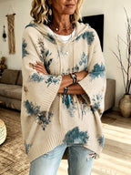 Women's Relaxed Floral Knit Hooded Poncho Jumper