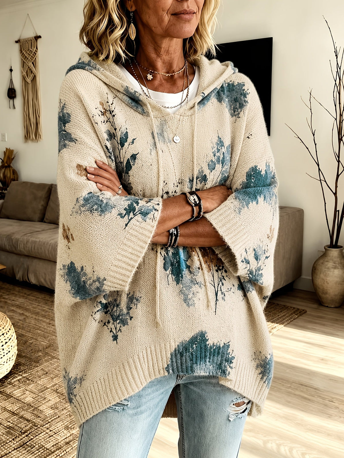 Women's Relaxed Floral Knit Hooded Poncho Jumper