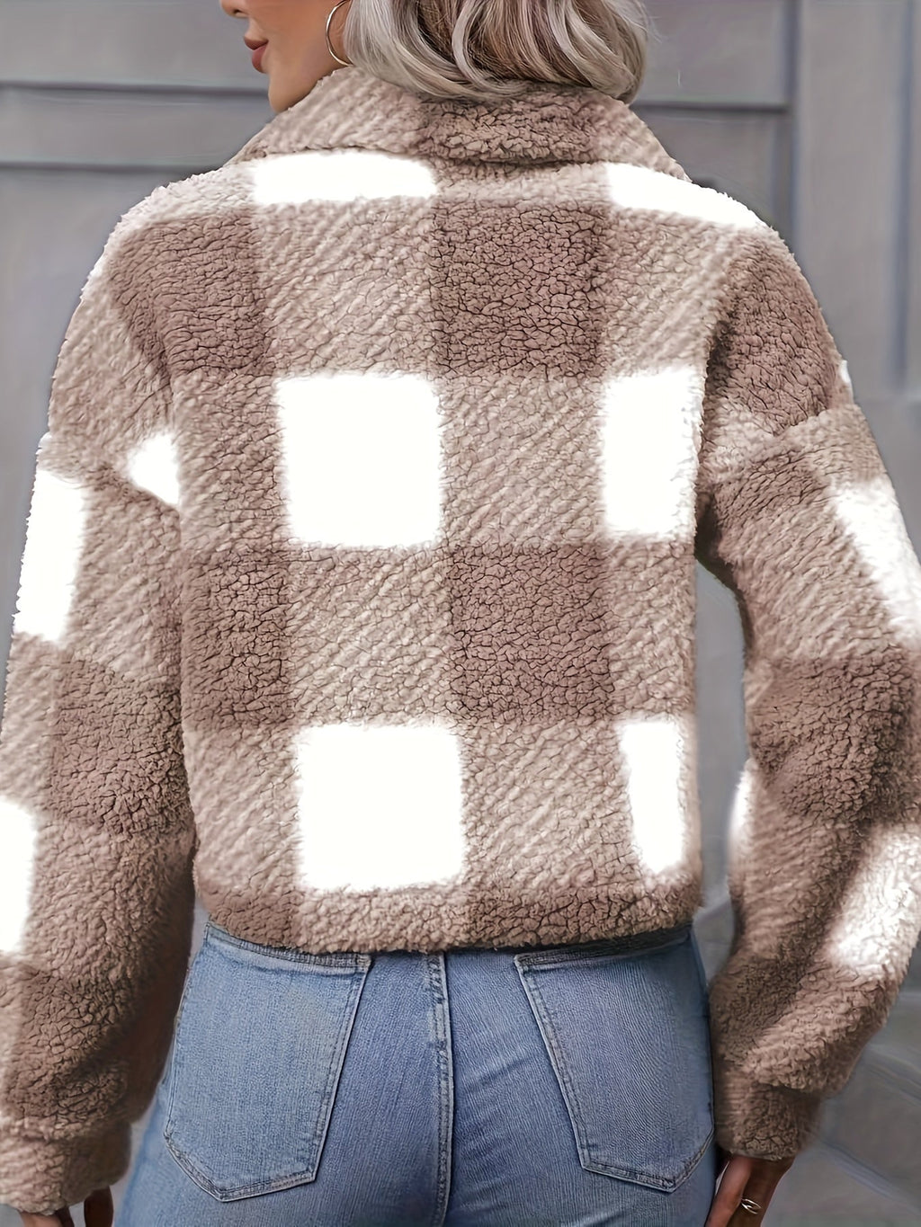 Women's Short Brushed Check Jacket with Button Front