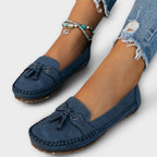 Women's Hand-Stitched Moccasin Loafers with Tassel Trim – Navy Blue