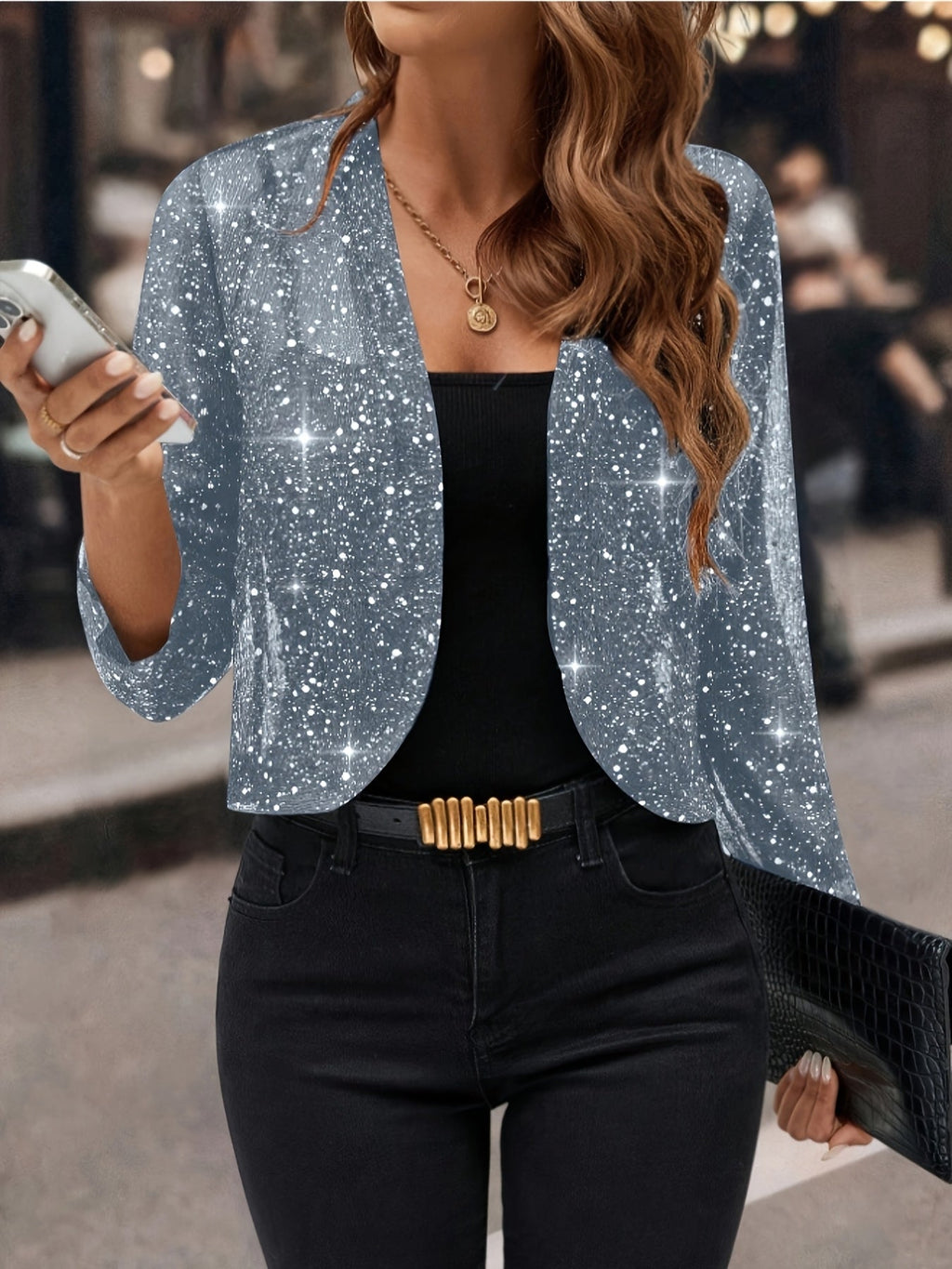 Women's Sparkle Open-Front Cropped Jacket with Three-Quarter Sleeves