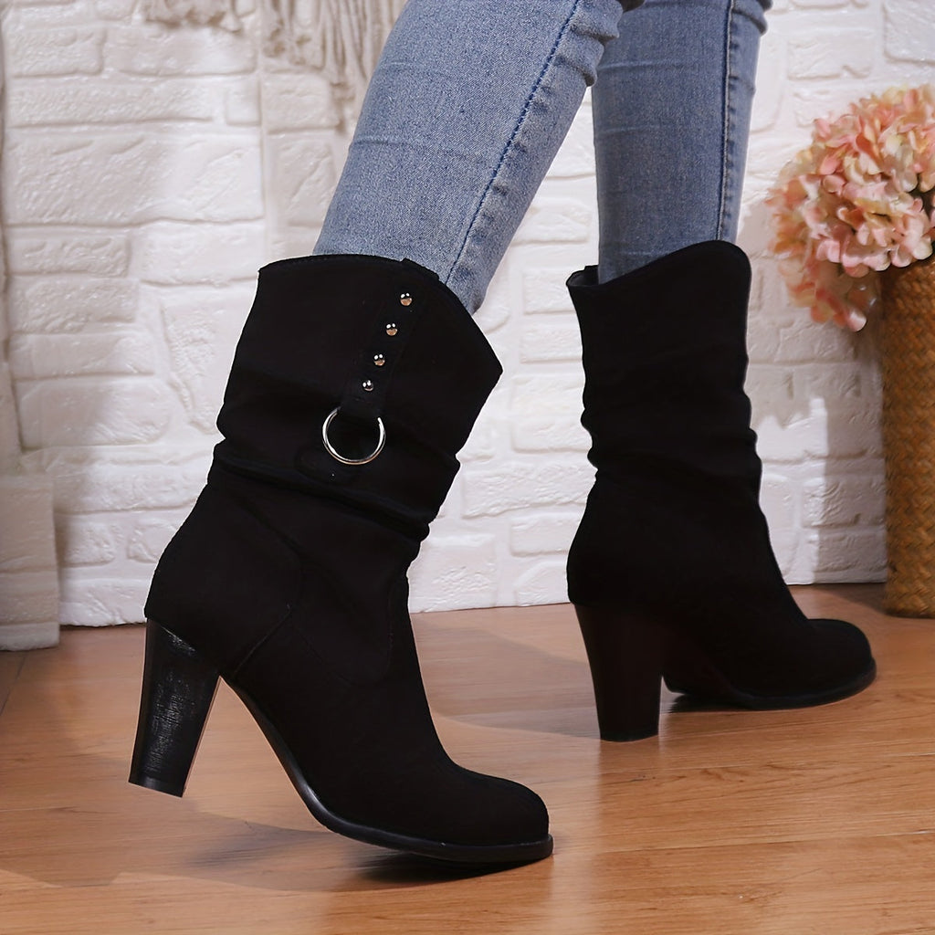 Women's Black Square Toe Slouch Ankle Boots with Stacked Heel
