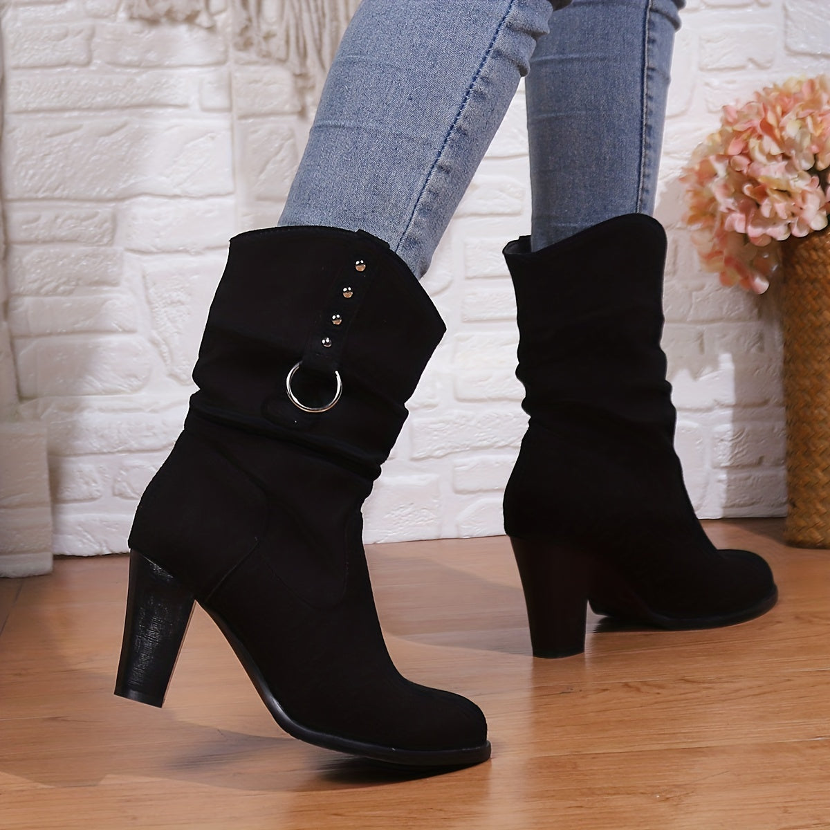 Women's Black Square Toe Slouch Ankle Boots with Stacked Heel