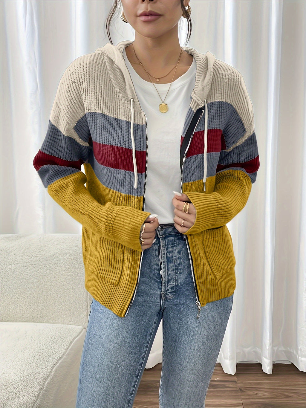 Women's Ribbed Knit Zip-Through Hooded Cardigan