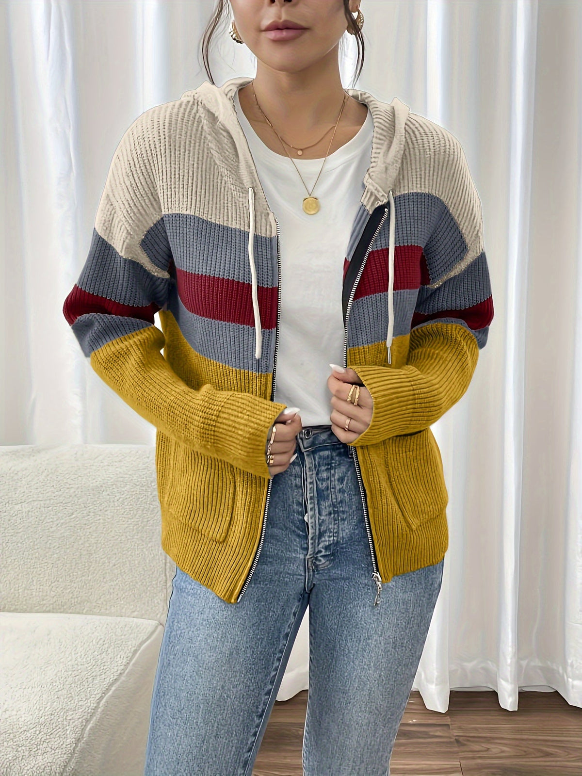 Women's Ribbed Knit Zip-Through Hooded Cardigan
