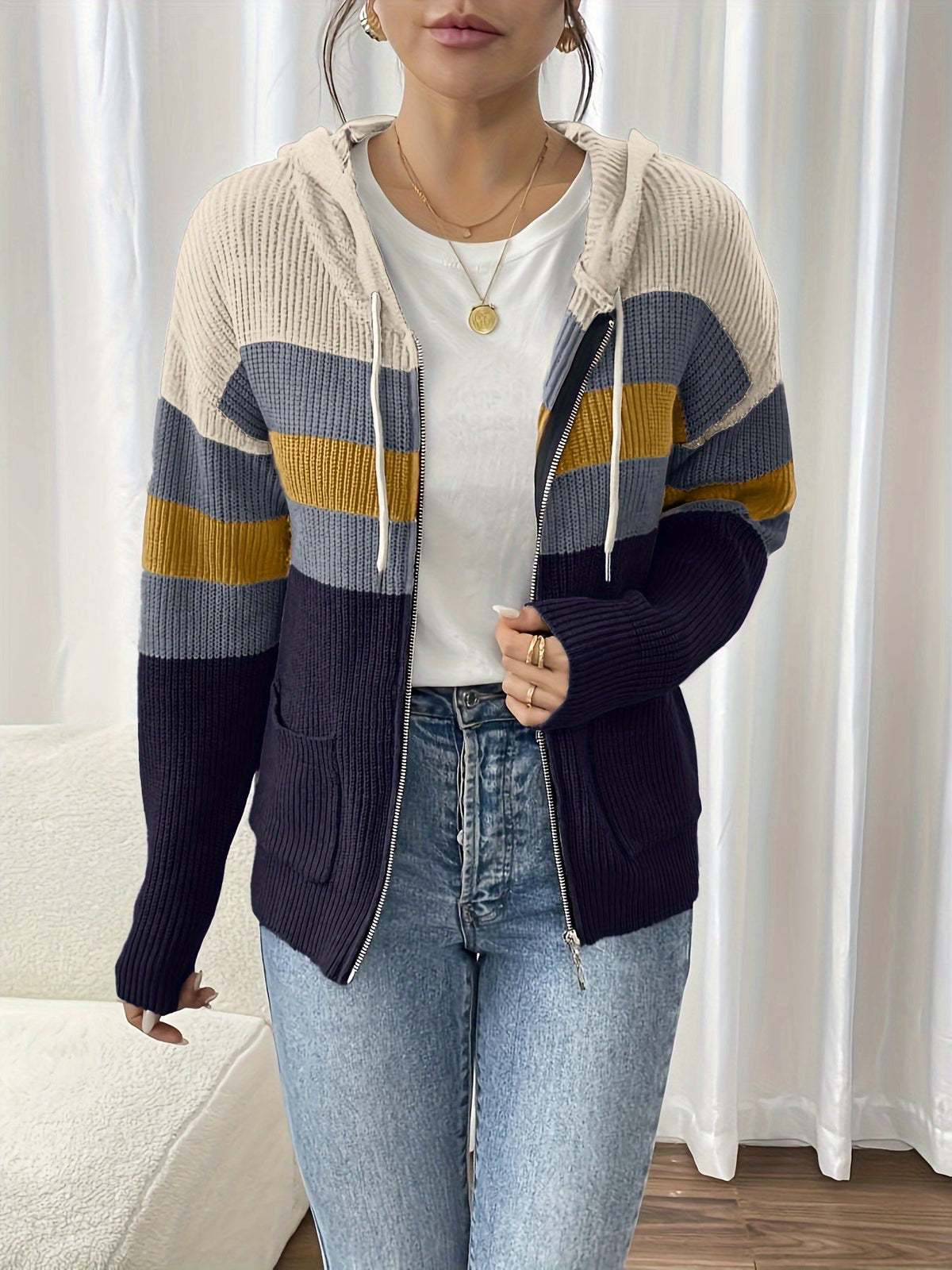 Women's Ribbed Knit Zip-Through Hooded Cardigan