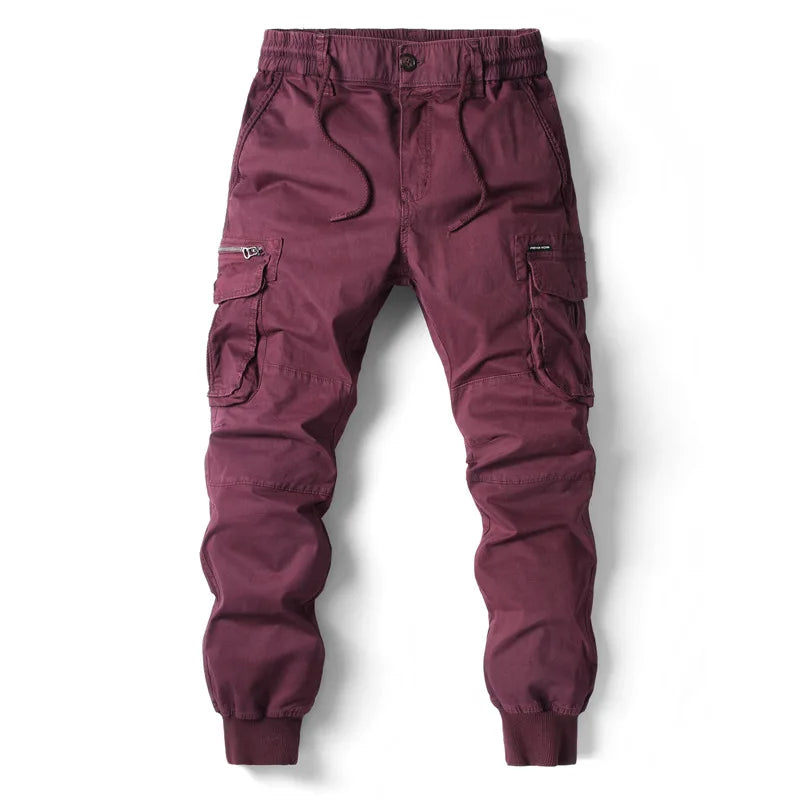 Men's Ribbed-Cuff Cargo Joggers with Layered Pocket Detailing – Wine Red