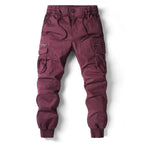 Men's Ribbed-Cuff Cargo Joggers with Layered Pocket Detailing – Wine Red