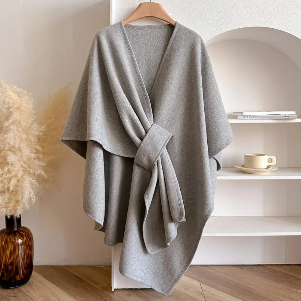 Women's Windproof Poncho Coat Draped Sides Belted Waist – Grey