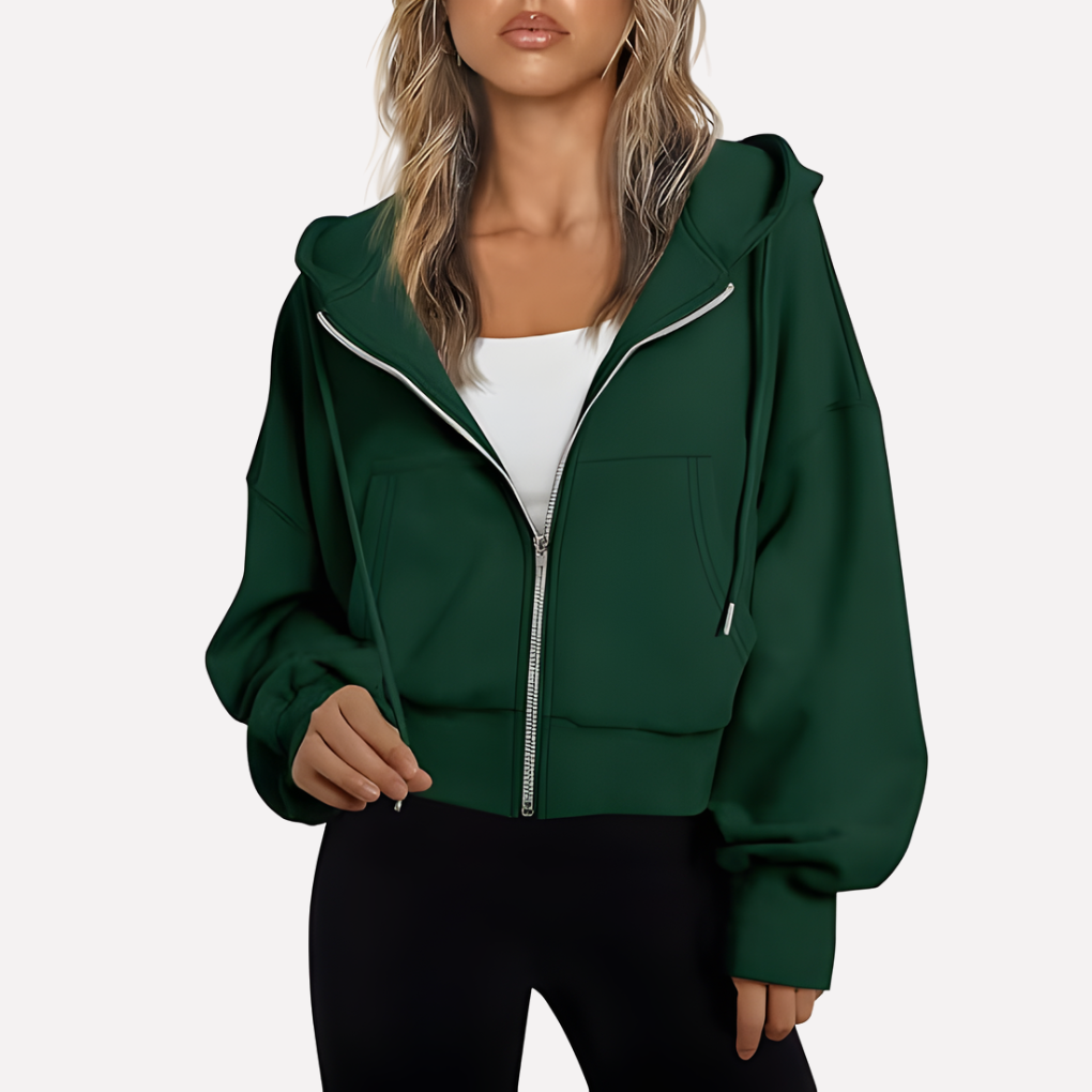 Women's Cropped Zip Hoodie Drawstring Hood Printed Accents – Dark Green