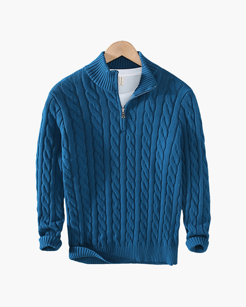 Men's Cable-Knit Half-Zip Jumper with Ribbed Trims – Blue Green