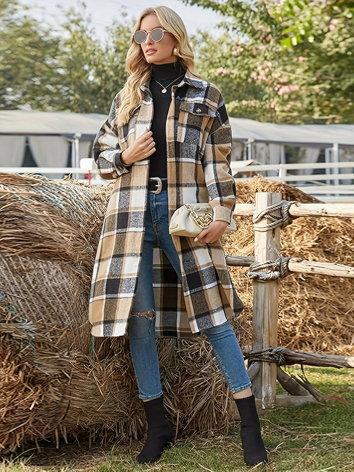 Women's Country Check Long Coat with Chest Pockets